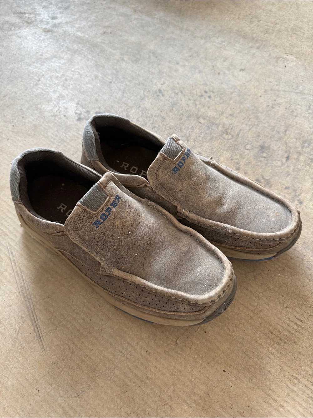 Roper Men’s Taupe Canvas Slip-On Loafers with Blue Logo